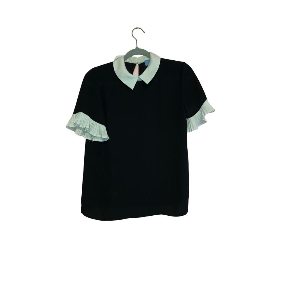 CeCe Contrast Peter Pan Collar Pleated Flutter Sleeve Top Size Small